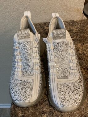 Steve Madden White Crystal-Studded Slip-On Sneakers